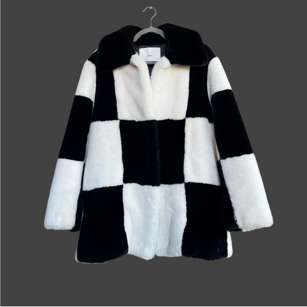 MANGO BLOGGER Black & White Checked Plush Faux Fur Coat Checkered Jacket Coat - Picture 3 of 17